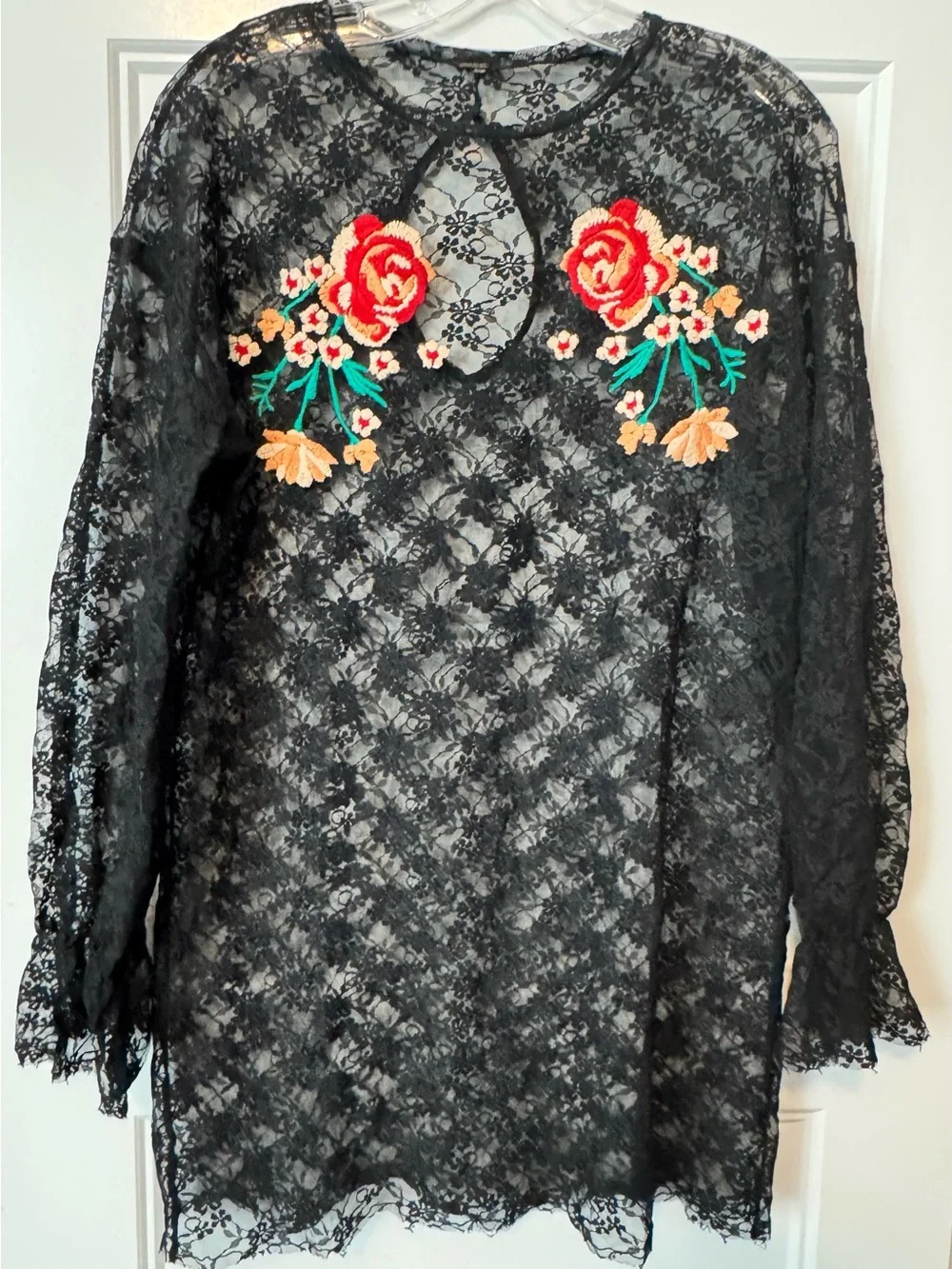 Free People Fast Forward Black Lace Embroidered Tunic Top Boho Festival Sheer